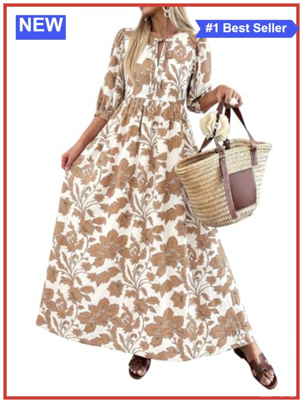 Womens Maxi Dress 3/4 Sleeve V-Neck Flowy A-Line Casual Summer Beach
